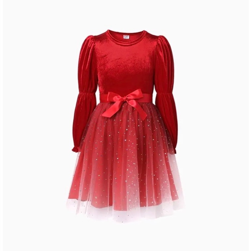 Girls Velvet Tutu Sparkling Tulle Crewneck Long Sleeve Party Fashion Dress